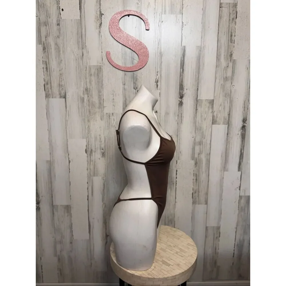 Brown Spaghetti Strap Bodysuit | Sleek Minimal One Piece Size Small